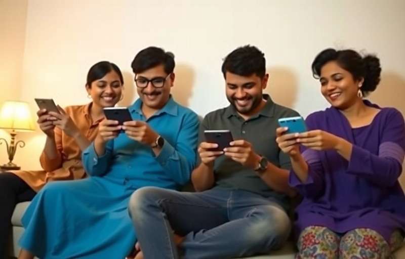 Cumin Champion Family Gameplay Indian family of four sitting together, each with a mobile device playing Cumin Champion and laughing
