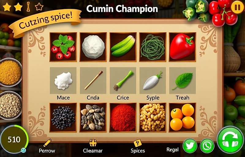 Cumin Champion Gameplay Cumin Champion gameplay screenshot showing colorful spice matching interface with Indian market background