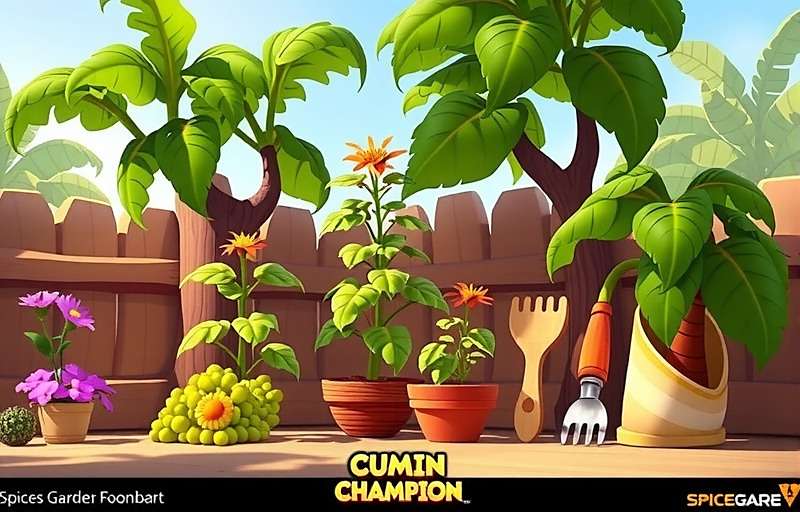 Cumin Champion Future Update Concept art for Cumin Champion's upcoming Spice Garden mode showing a vibrant Indian spice garden with various plants and harvesting tools