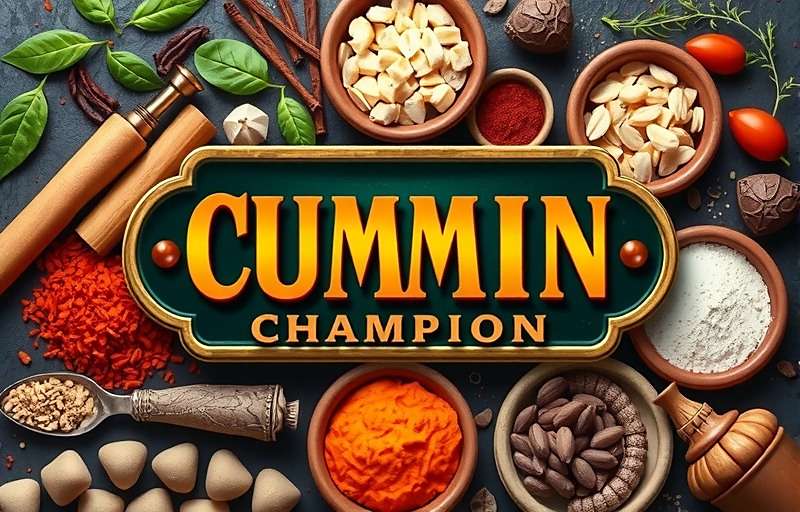 Cumin Champion Official Cover Art Cumin Champion game cover showing various Indian spices in vibrant colors